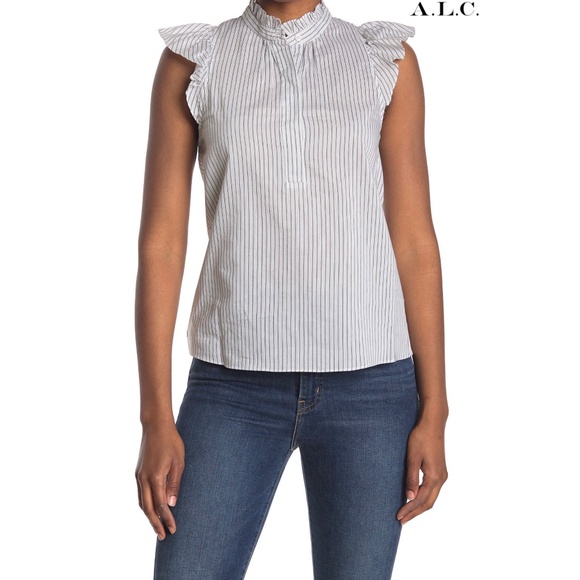 A.L.C. NWT FOLEY RUFFLE COTTON/SILK PINSTRIPE WHITE/CHARCOAL BLOUSE. SIZE 6 - Picture 1 of 10